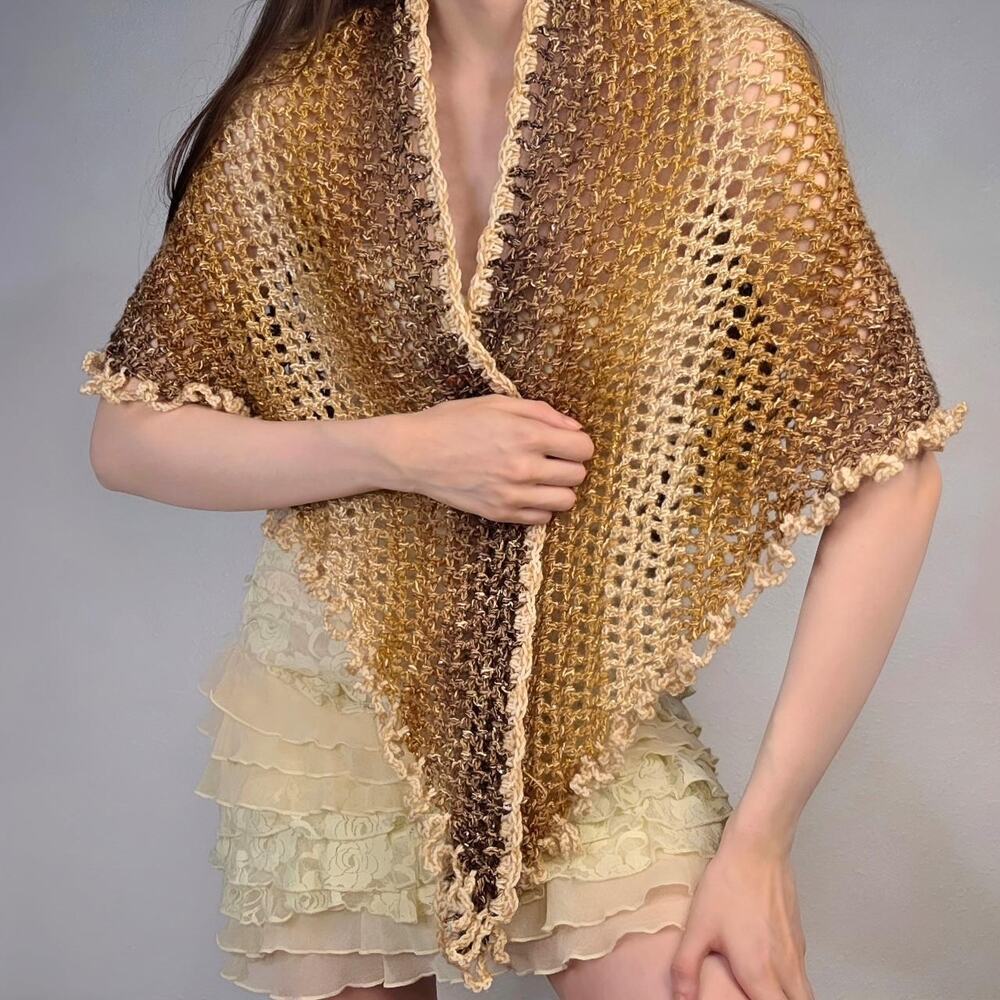 Hand Crochet Knit Shawl Poncho Boho Layering Festival Wrap Metallic